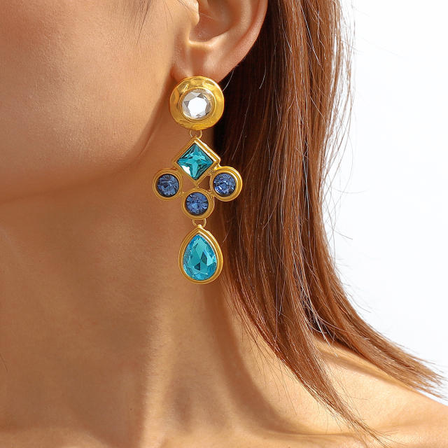 Personality blue color glass cyrstal statement cross earrings