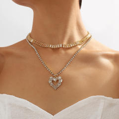 Occident fashion diamond hollow heart two layer necklace
