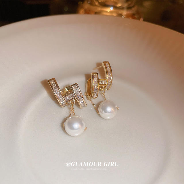 Real gold plated elegant cubic zircon pearl dangle earrings