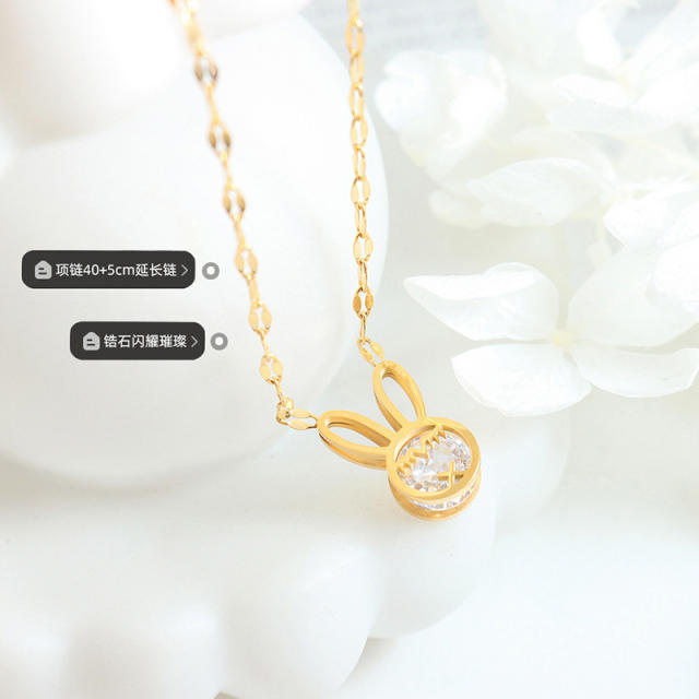 Cute cubic zircon rabbit stainless steel necklace