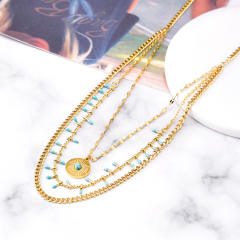 National trend blue color evil eye round piece pendant stainless steel necklace