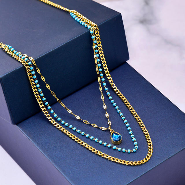 Occident fashion blue drop pendant stainless steel layer necklace