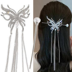 Chinese trend diamond butterfly long tassel hair holder with hair sticks