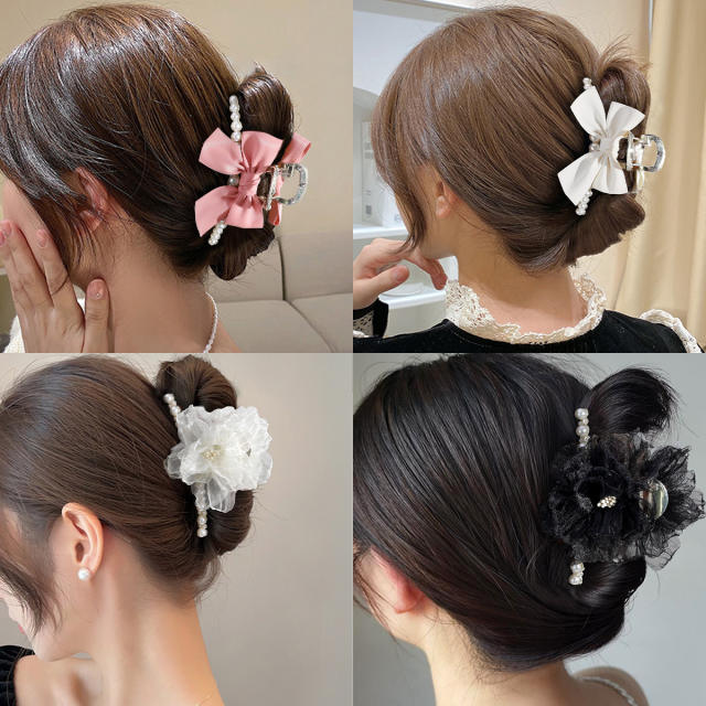 Korean fashion fabric bow rhinestone hair claw clips