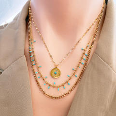 National trend blue color evil eye round piece pendant stainless steel necklace