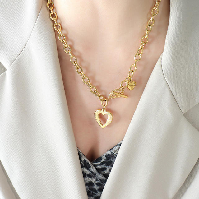 INS hollow heart stainless steel chain toggle necklace