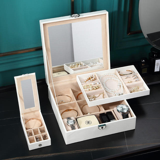Concise mirror contain PU leather jewelry box