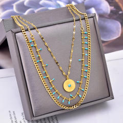 National trend blue color evil eye round piece pendant stainless steel necklace