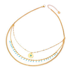 National trend blue color evil eye round piece pendant stainless steel necklace