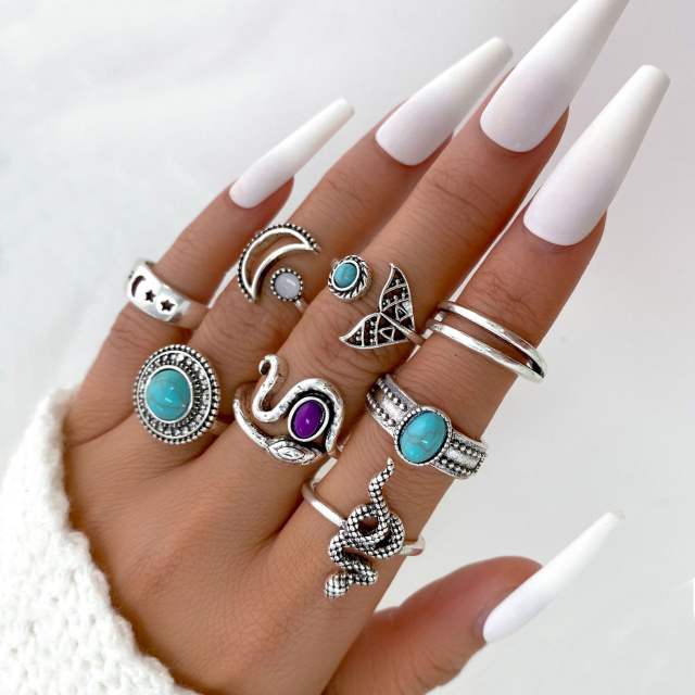 Vintage fish tail turquoise snake moon stackable rings