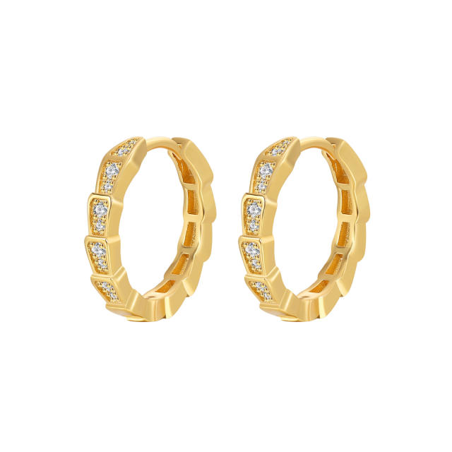 INS trend cubic zircon snake gold plated copper huggie earrings