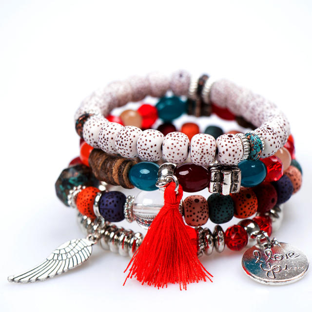 Boho rope tassel alloy wing charm bead bracelet