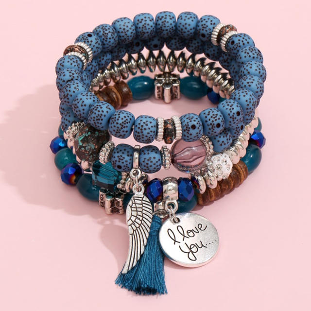 Boho colorful bead tassel wing charm layer bracelet