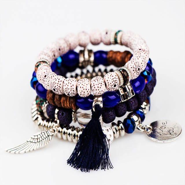 Boho rope tassel alloy wing charm bead bracelet