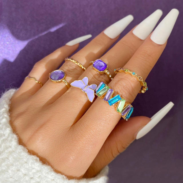 7pcs purple color butterfly stackable rings