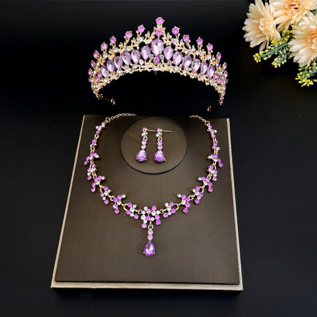 Sweet light purple color glass crystal statement crown jewelry set