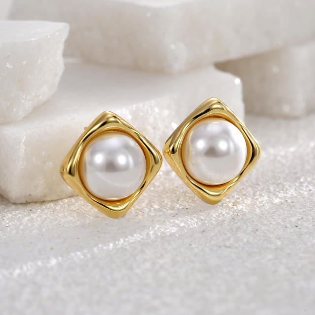 Elegant pearl square shape real gold plated copper studs earrings