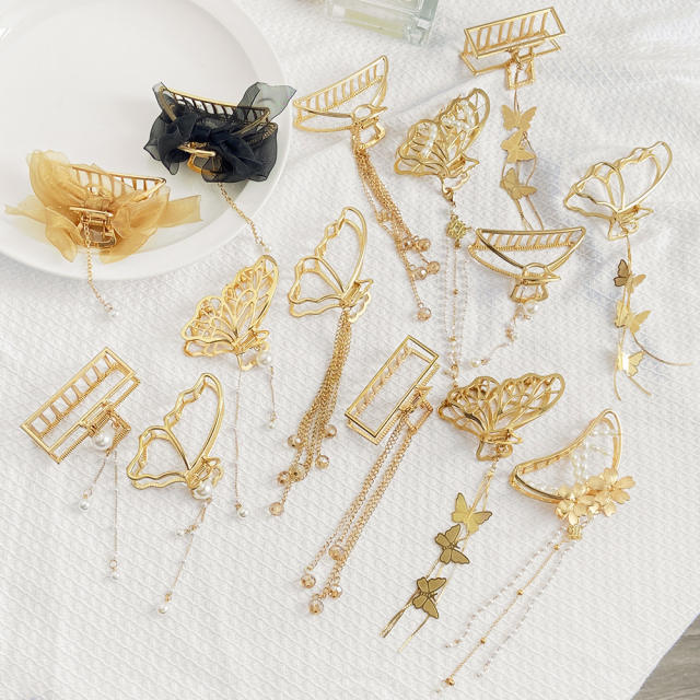 Personality gold color hollow butterfly tassel hair claw