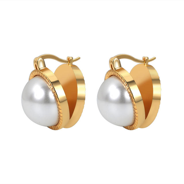 Elegant pearl gold plated copper huggie earrings