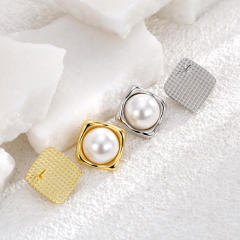 Elegant pearl square shape real gold plated copper studs earrings