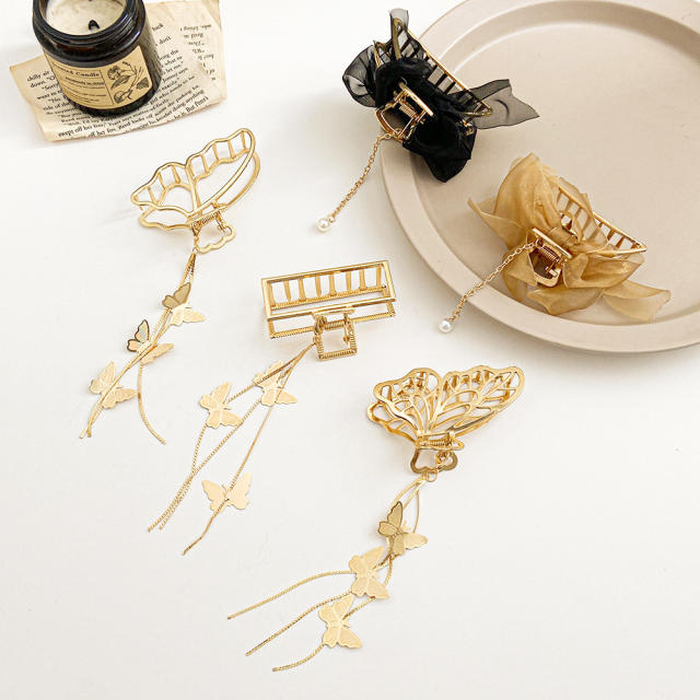 Personality gold color hollow butterfly tassel hair claw
