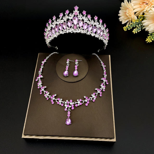 Sweet light purple color glass crystal statement crown jewelry set