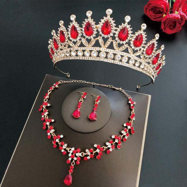 Luxury color glass crystal statement crown jewelry set
