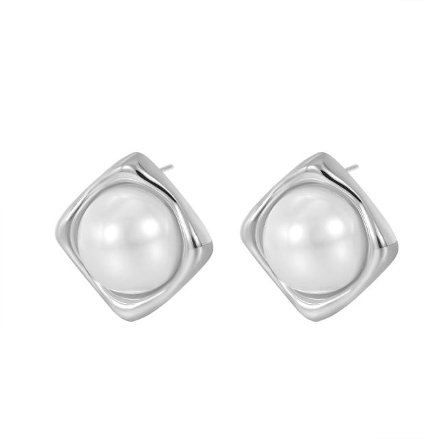 Elegant pearl square shape real gold plated copper studs earrings