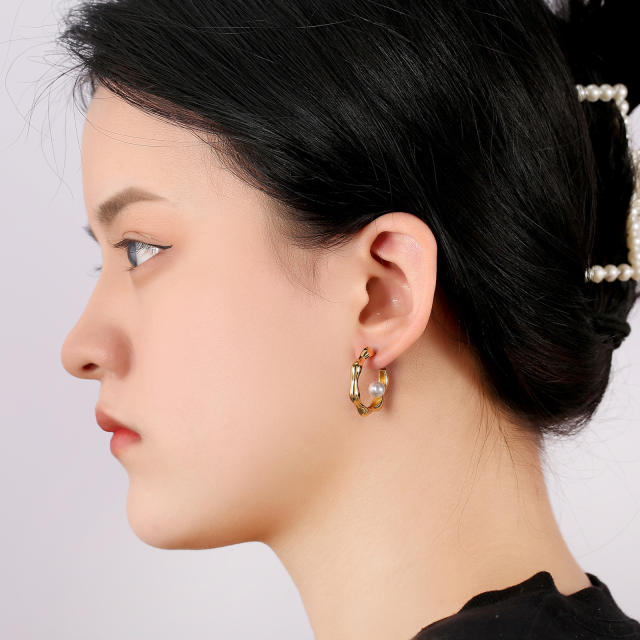 Elegant pearl real gold plated copper open hoop earrings