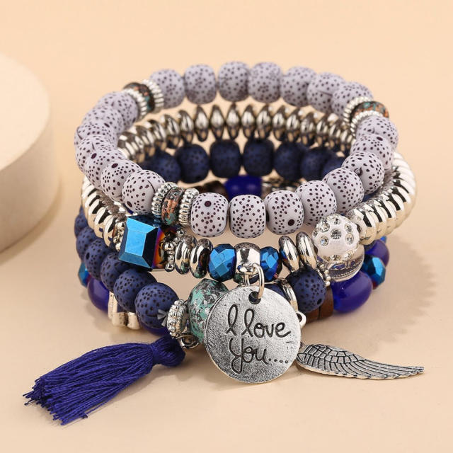 Boho colorful bead tassel wing charm layer bracelet