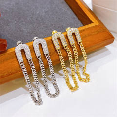 Luxury cubic zircon setting chain tassel gold plated copper earrings
