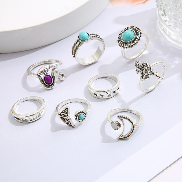 Vintage fish tail turquoise snake moon stackable rings