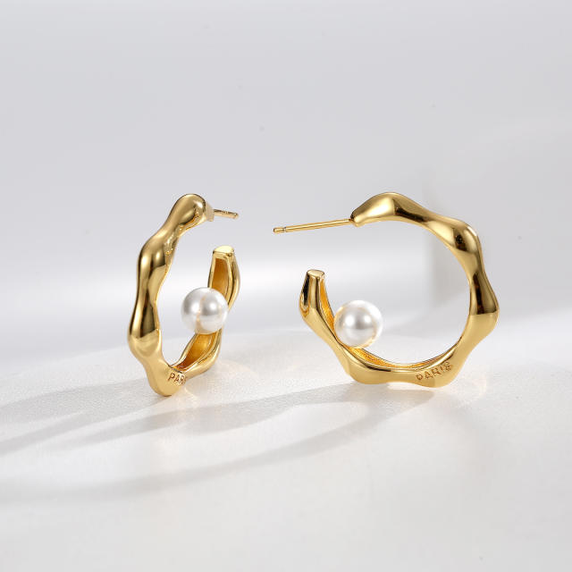 Elegant pearl real gold plated copper open hoop earrings
