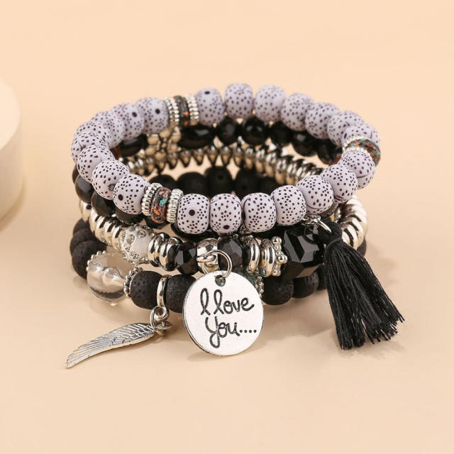 Boho colorful bead tassel wing charm layer bracelet