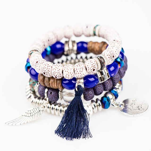 Boho rope tassel alloy wing charm bead bracelet