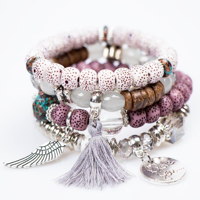 Boho rope tassel alloy wing charm bead bracelet