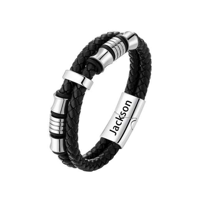 Braid leather stainless steel beads engrave letter bracelet for men