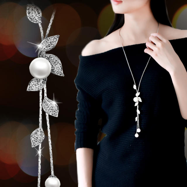 Elegant rhinestone pearl leaf long necklace