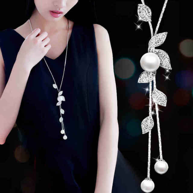 Elegant rhinestone pearl leaf long necklace