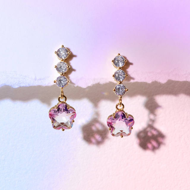 Elegant pink cubic zircon flower copper earrings