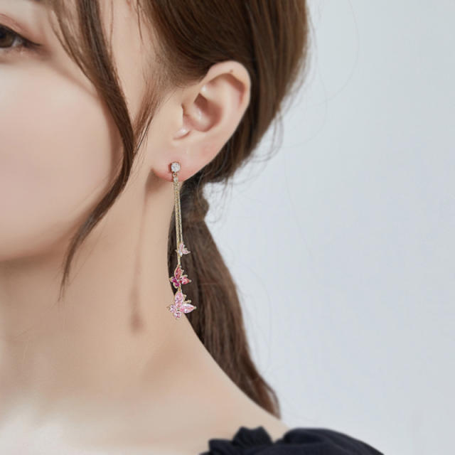 Sweet pink color cubic zircon butterfly long earrings