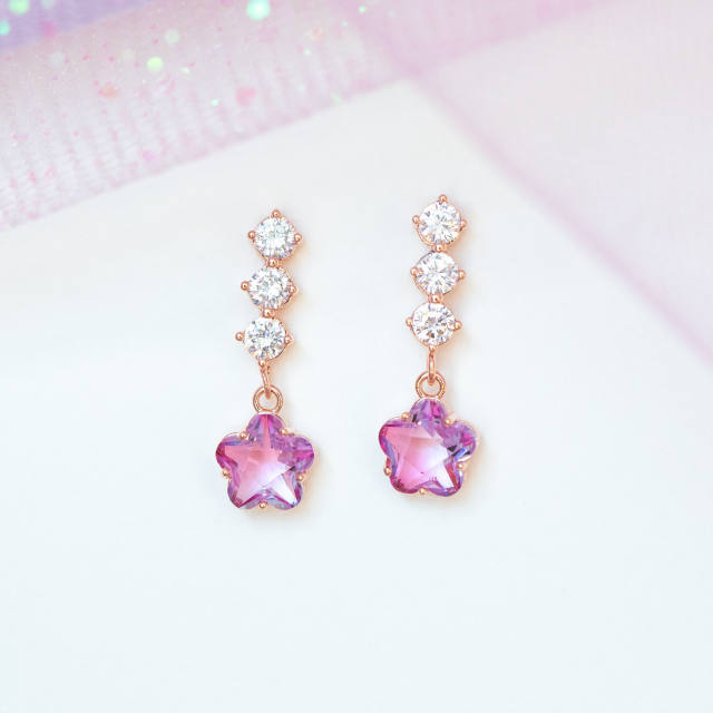 Elegant pink cubic zircon flower copper earrings