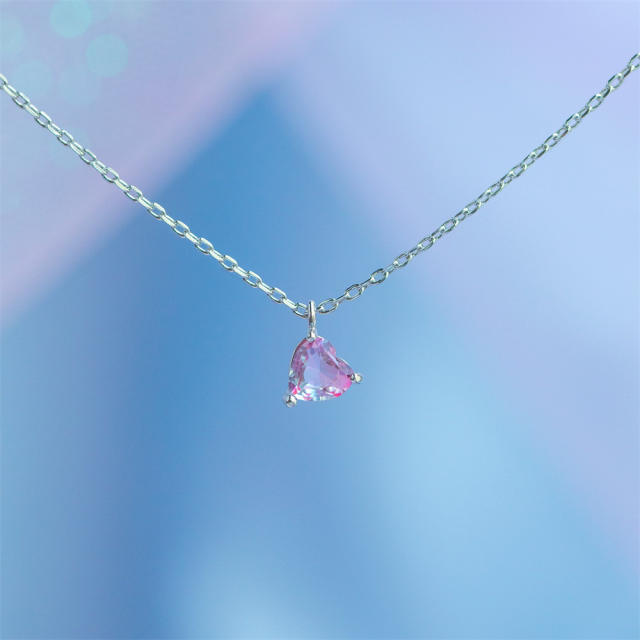 Sweet pink cubic zircon heart pendant copper necklace