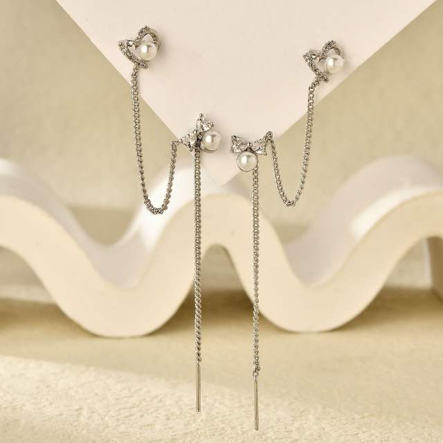 Elegant cubic zircon pearl threader earrings