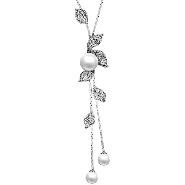 Elegant rhinestone pearl leaf long necklace