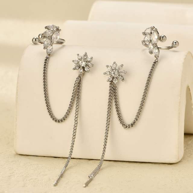 Elegant cubic zircon flower threader earrings