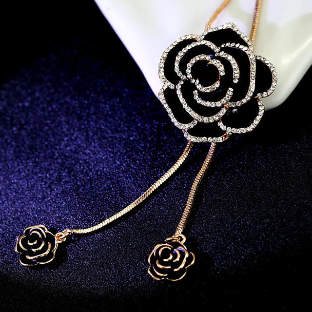 Korean fashion black color enamel rose long necklace