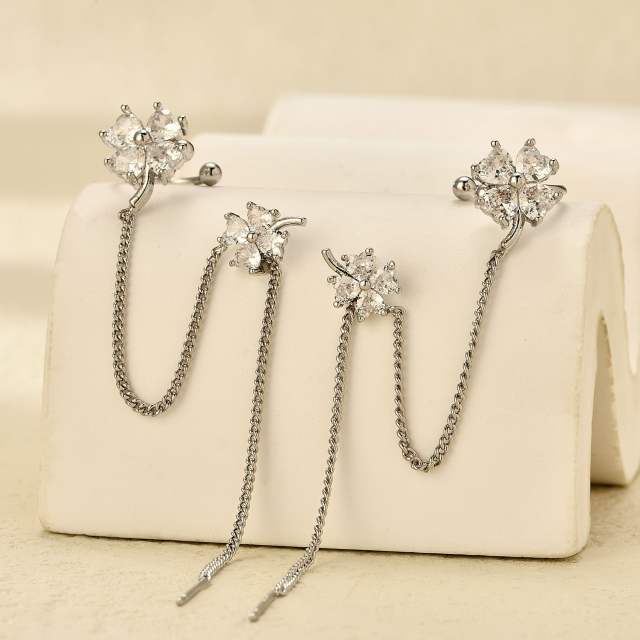 Elegant cubic zircon flower threader earrings