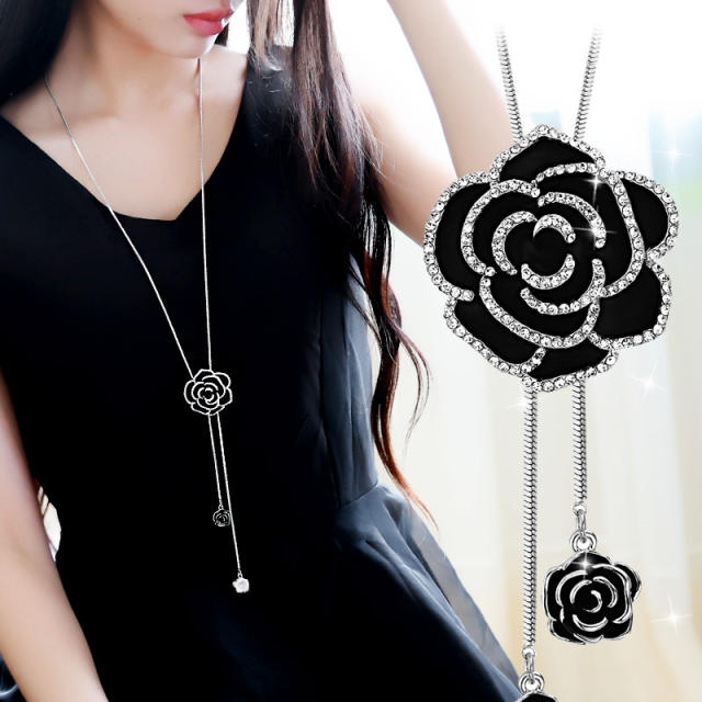 Korean fashion black color enamel rose long necklace