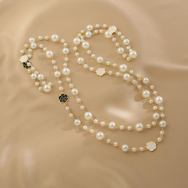 Elegant black camellia pearl two layer long necklace